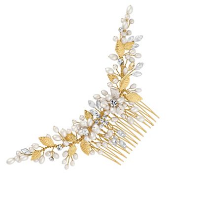 Designer curved crystal and pearl hair comb